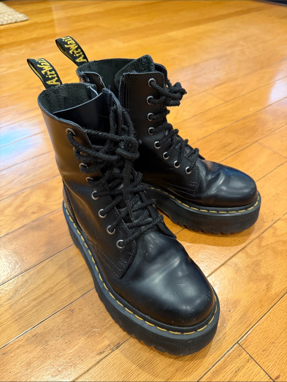 Dr. Martens Black Leather Platform Lace-Up Boots with Yellow Stitching